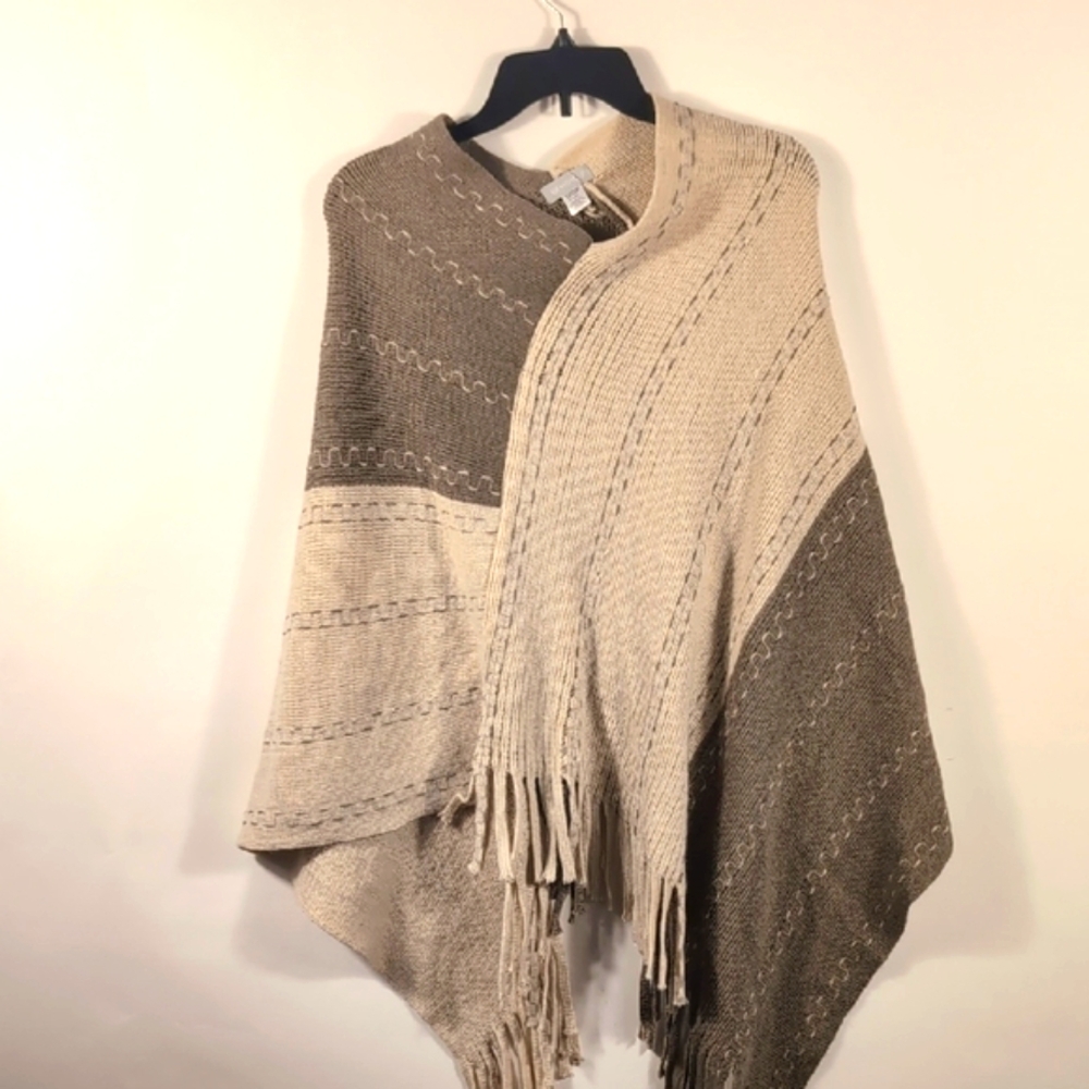 Beige and Brown Knit Poncho with Fringe Free Size
